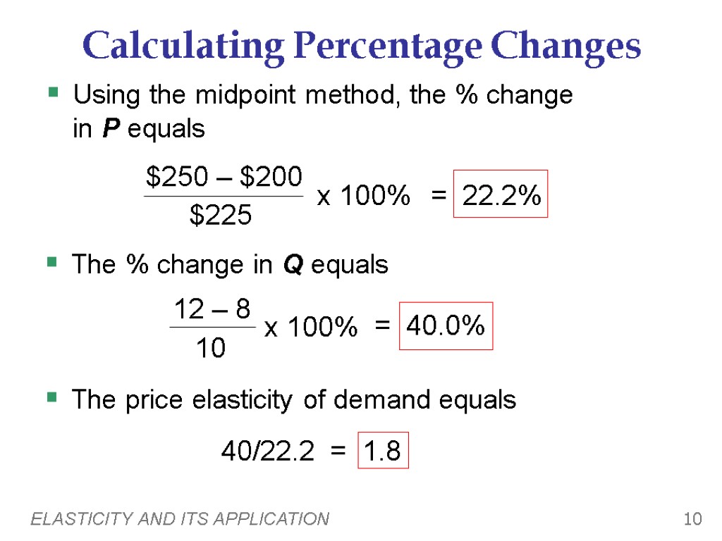 ELASTICITY AND ITS APPLICATION 10 Calculating Percentage Changes Using the midpoint method, the %